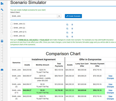 Screenshot of the scenario simulator. It helps you work faster and more efficiently.
