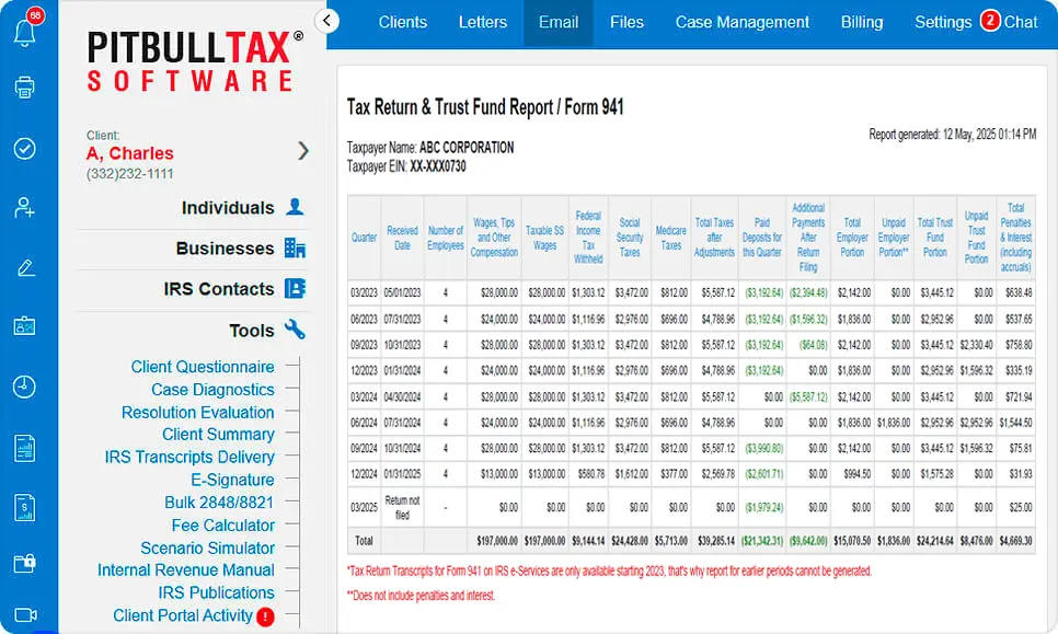 Picture of a Unpaid Trust Fund Recovery Penalty (TFRP) calculations report