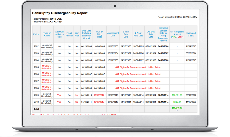 Picture of a bankruptcy dischargeability report