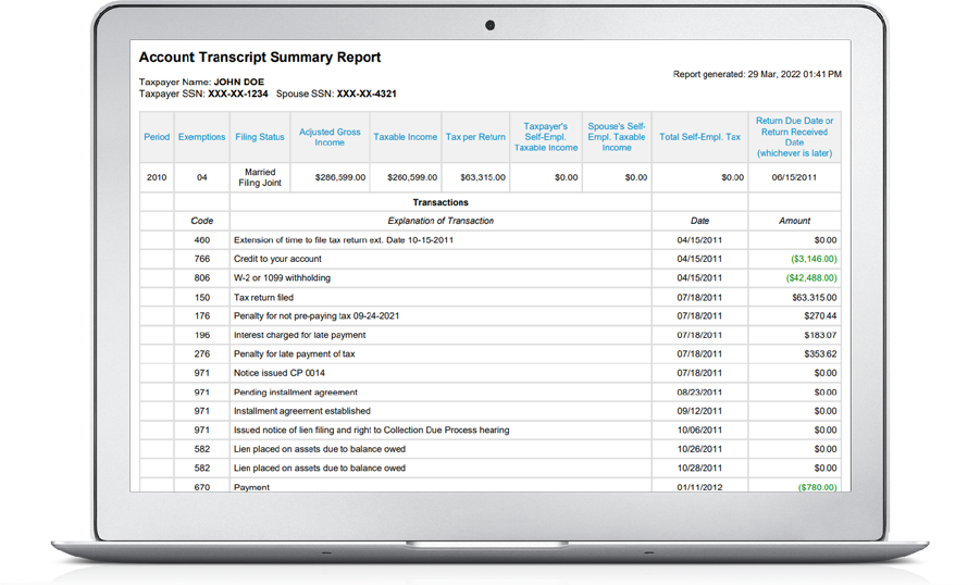 Picture of an account transcripts report